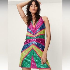 Embellished Colorblock Plunge Mini Dress